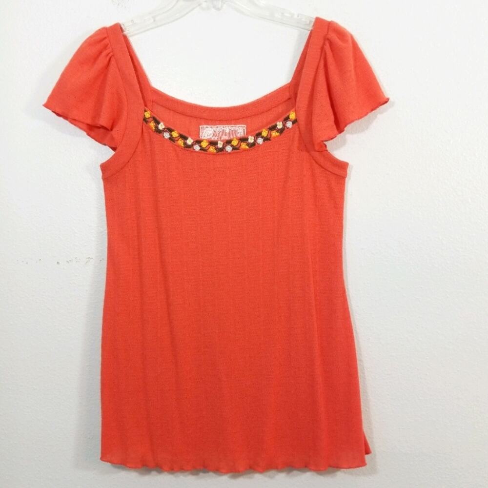 Deletta embroidered floral neckline tunic top S